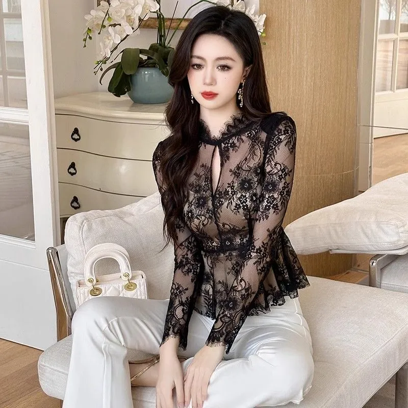 Womens Eyelash Lace Stand Collar Perspective From