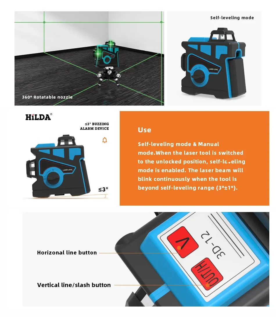 Niveau Laser DEKO LL12-HV 12 Lignes 3D Auto-nivelant 360° - Croix Verticale Et Horizontale
