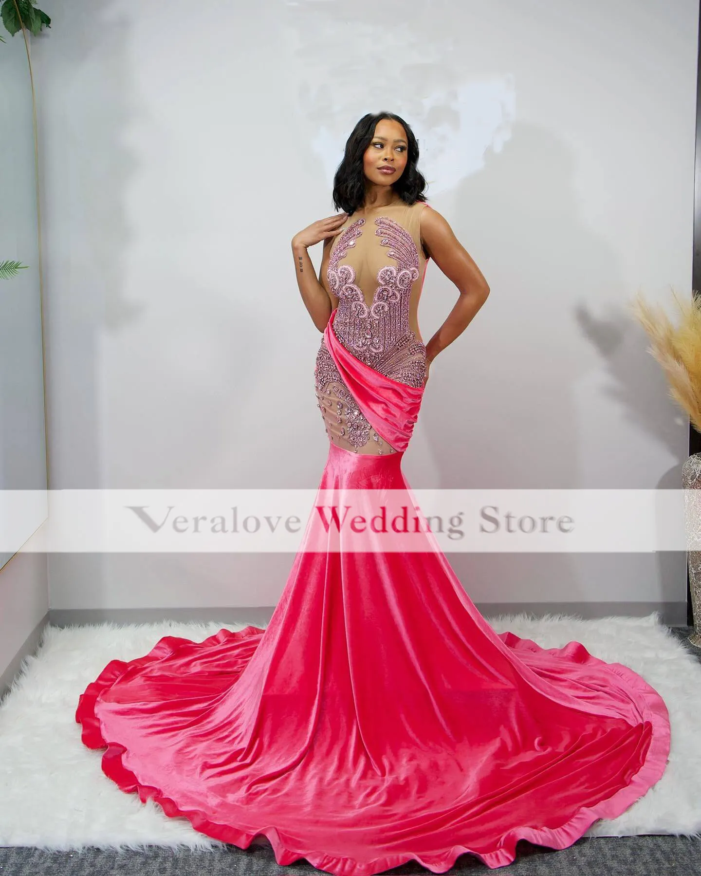 Hot Pink Rhinestone Prom Dresses 2024 See Through Mermaid Party Gowns For Women Elegant Evening Dress Long robes de soiree