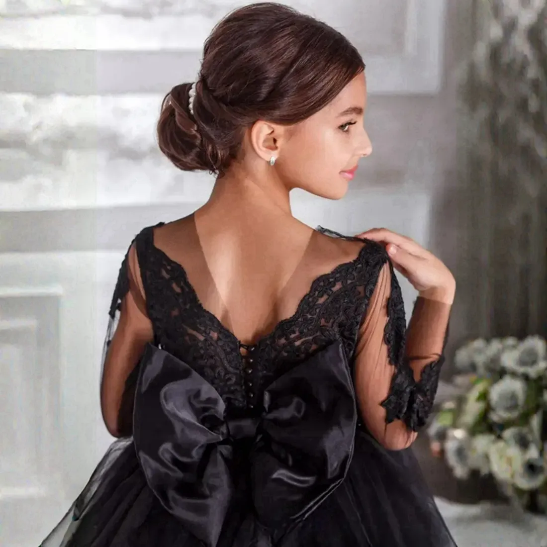 Princess Lace Black ball gown tulle for Flower Girls - Sheer Neck, Long Sleeves, Black - Perfect for Birthday Parties - CF043 Princess Lace Black ball gown tulle for Flower Girls - Sheer Neck, Long Sleeves, Black - Perfect for Birthday Parties - CF043