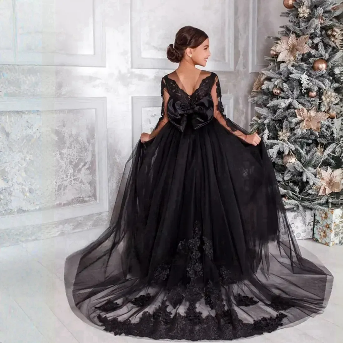 Black Flower Girl Dress for Kids Birthday Party Sheer Neck Long Sleeves  Lace Ball Gown Floor-Length Princess Silhouette CF043 from Dhgate Flower  Girls' Dresses - price 188.64
