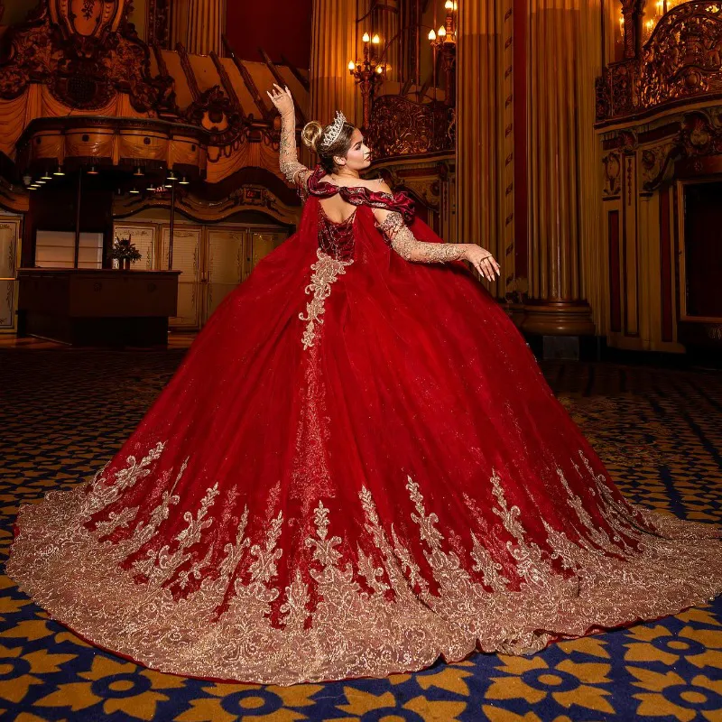 Red Off the Shoulder Ball Gown Quinceanera Dress with Gold Appliqus,  Beaded Collar, Lace-up Back, and Tulle Sweep Train from Dhgate Quinceanera  Dresses - price 736.12