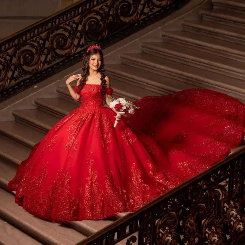 Red Beaded Quinceanera Ball Red Ball gown with Lace Applique and Sequined Off-Shoulder Neckline - Perfect for Prom, Sweet 15, and Masquerade - J04