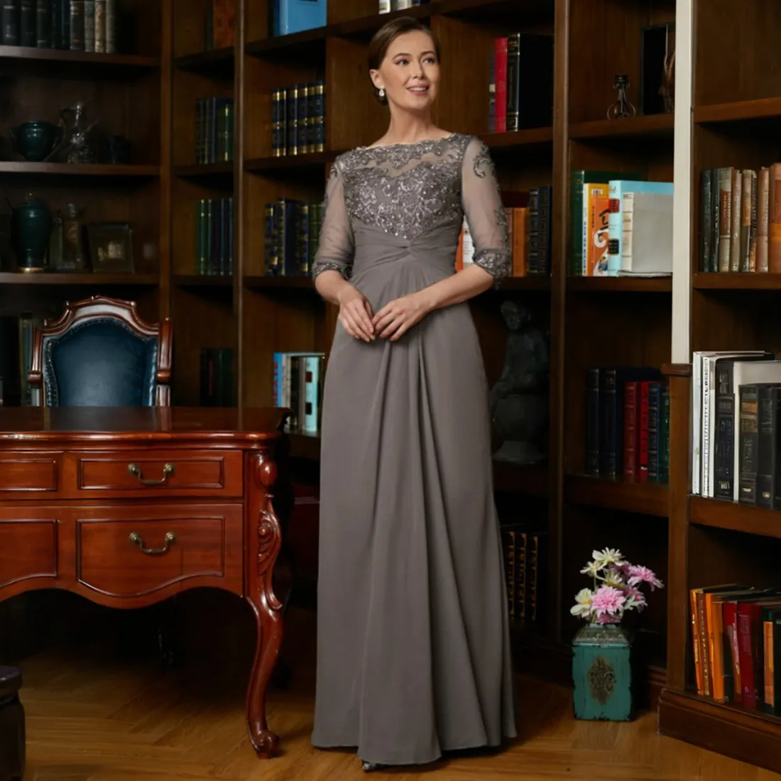 white christmas dresses Ulyana Modest V Neck Ruched High Low Chiffon Mother of The Bride Dresses, Silver