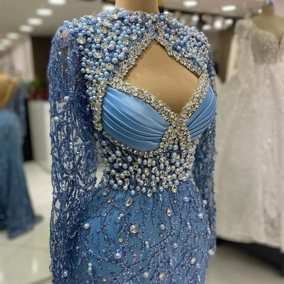 Sky Blue Mermaid Blue sparkly prom dress with Pearls and Crystals - Perfect for Evening Formal Parties, Receptions, Birthdays, and Engagements - 2021