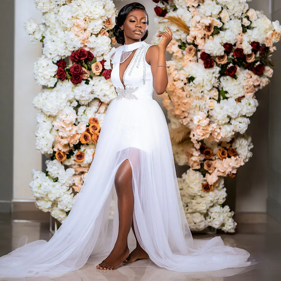 Boho Halter bridal gown with High Slit and Tiered Tulle - Perfect for Weddings, Beach Wedagements, and African-inspired Occasions - V-Neckline and