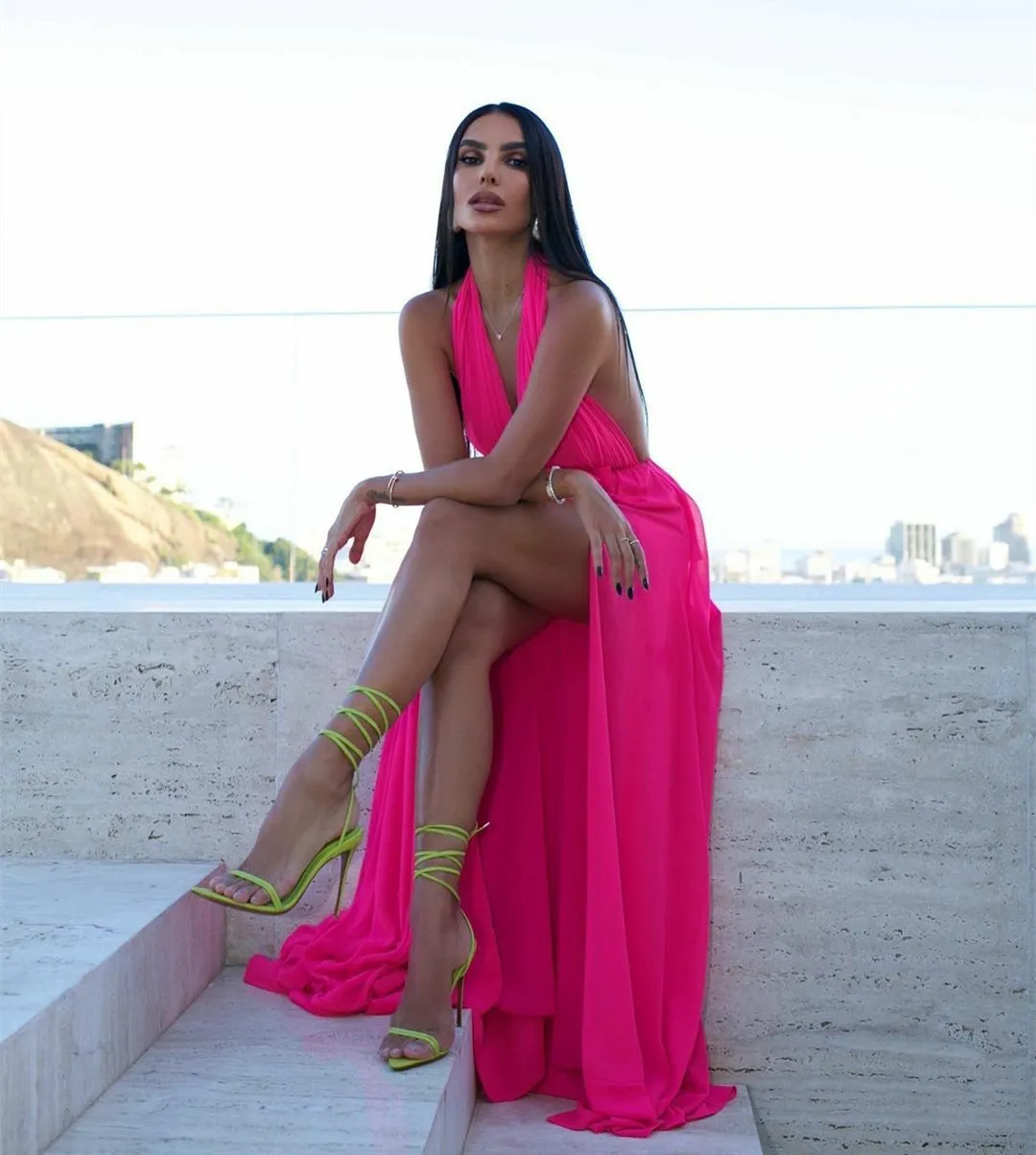 open lace back dress Hot Pink Spaghetti Straps V Neck Slit Gown main image 0