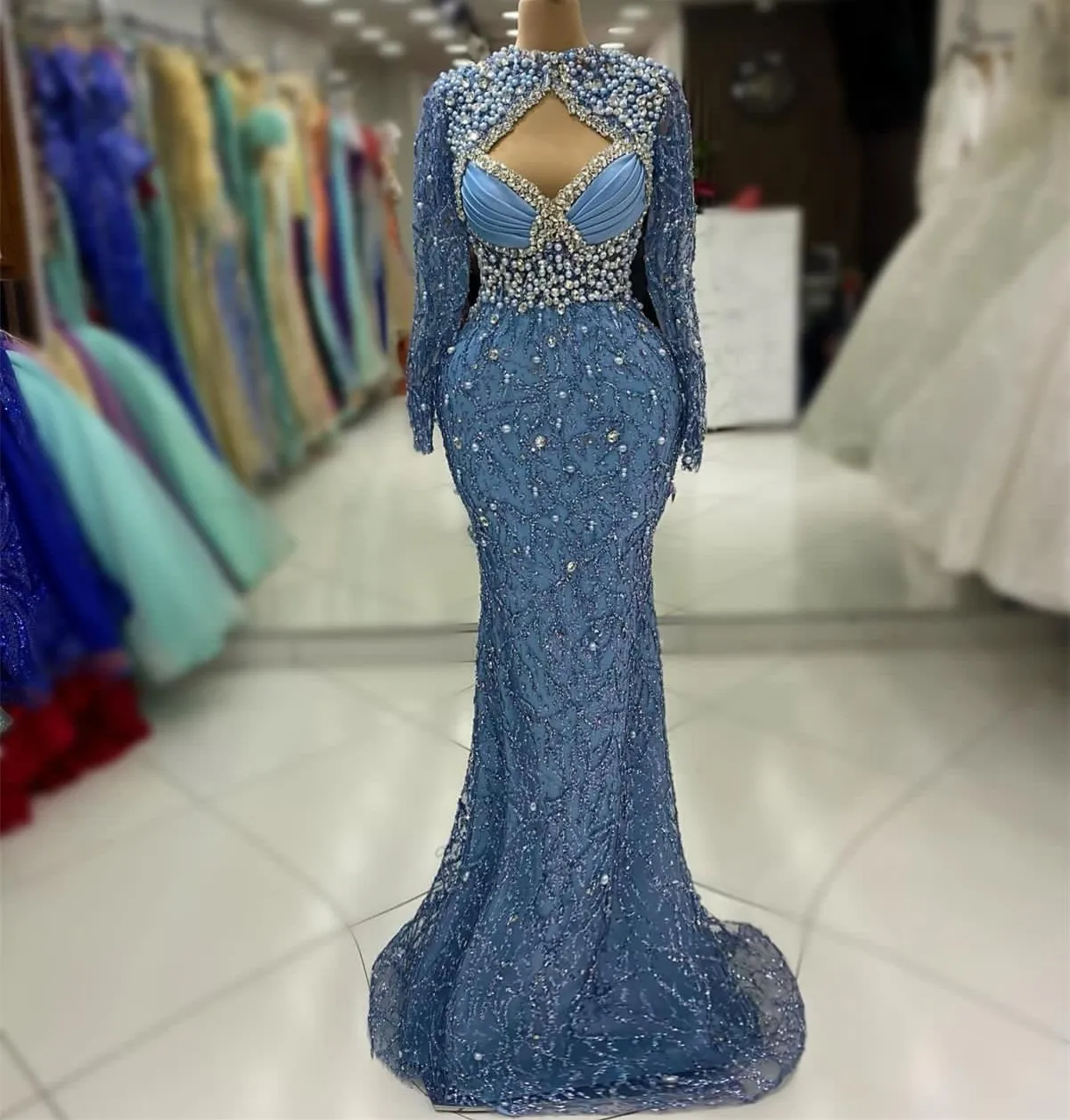 gold plus size formal dress V-Neck Blue Spaghetti Straps Glitter Prom Dress with Split main image 0