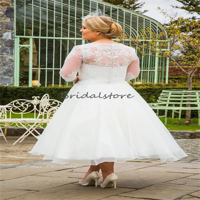 plus size knee length wedding dresses A-Line Dress With Sleeves Organza Lace Knee-Length Zipper Back Summer Garden from Dhgate A-Line Wedding floor length dress