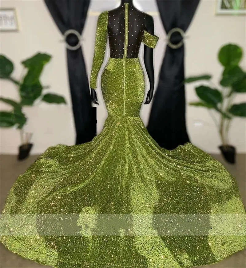 Green Long Prom Dress with Beaded Rhinestones and Sequins, Zipper Back, 3/4  Illusion Sleeves, Sweep Train from Dhgate Prom Dresses - price 348.98