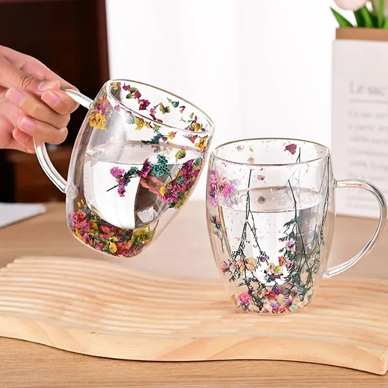 350ml Double Wall Glass Mug - Insulated Eco-Friendly Glass Cup with Handle,  Floral Design, Reusable Hand Wash, Kitchen Accessories
