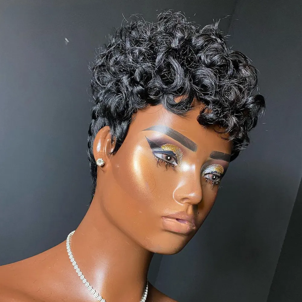 180denstiy Curly Pixie Cut Wig Brazilian Remy Human... From  display picture 3
