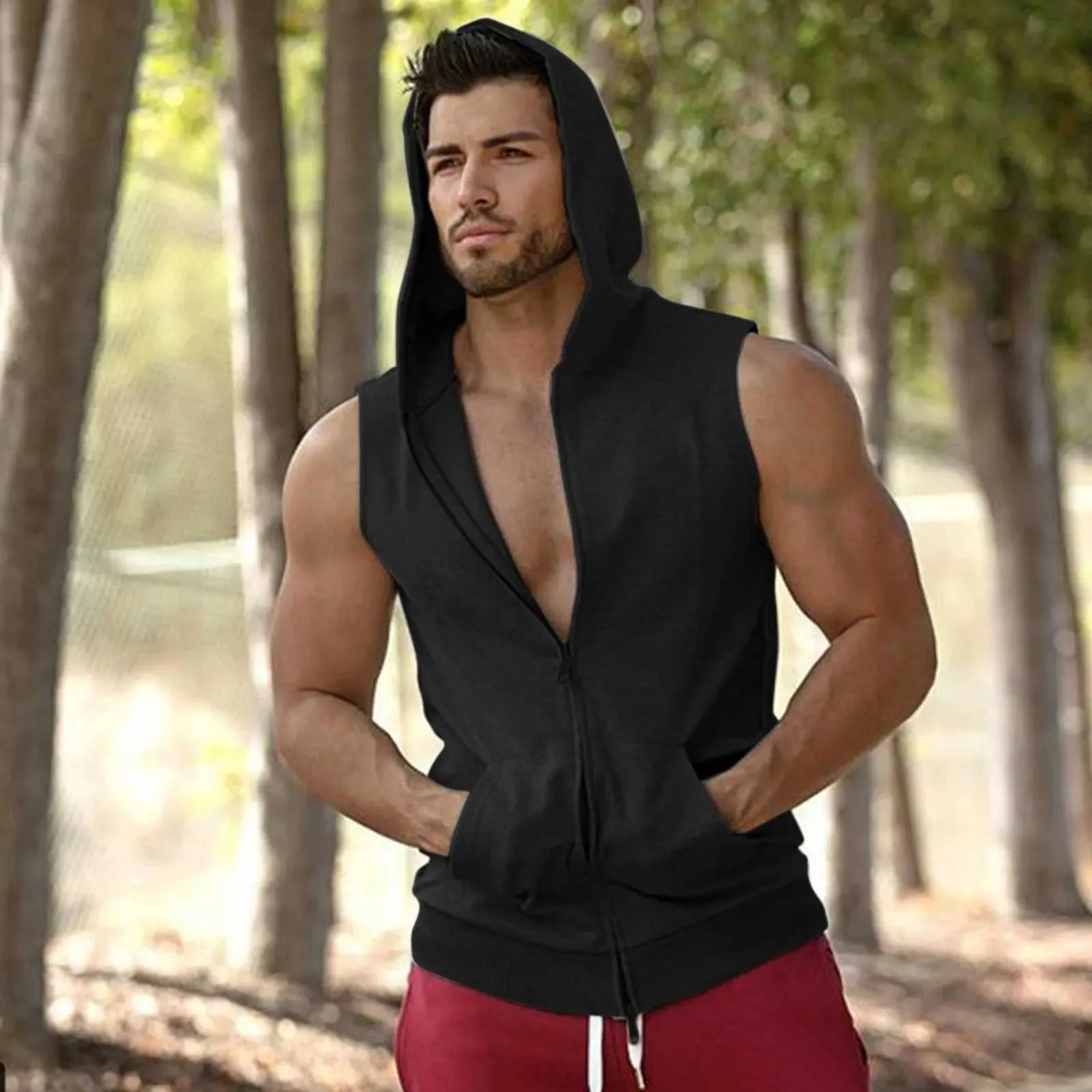 Sleeveless Hoodie Gym T Shirt Running Vests Mens Gym Top