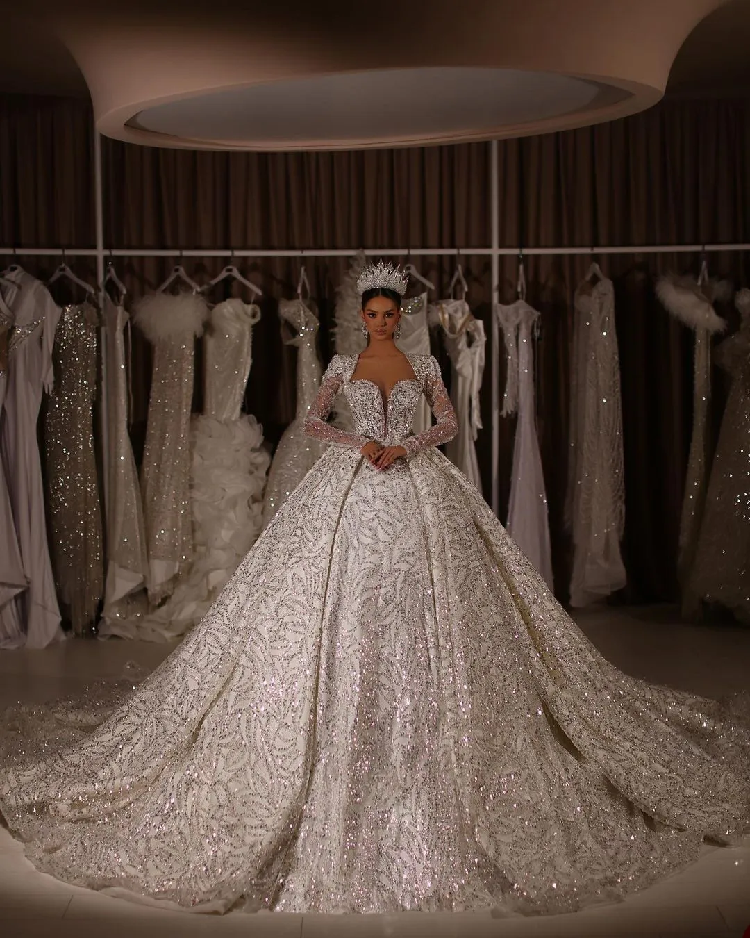 open lace back dress Off-the-shoulder Gold Sparkly Gown Princess Wedding Dress Evening Gown main image 0