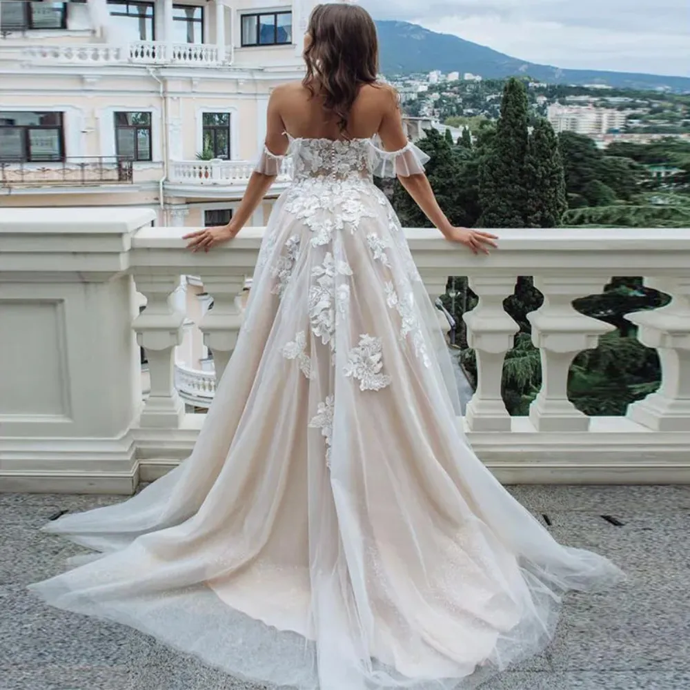 champagne flowy wedding dress Champagne A-Line Wedding Gown w/ Lace Bodice & Plunging Neckline main image 1