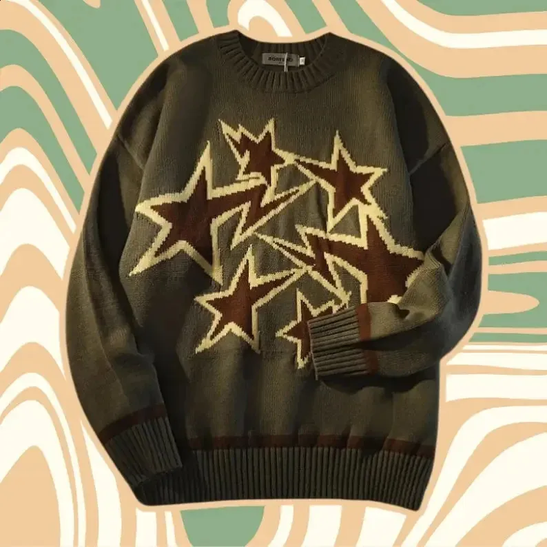 Oversized Star Print Embroidery Pullover Sweater - Y2K Grandpa