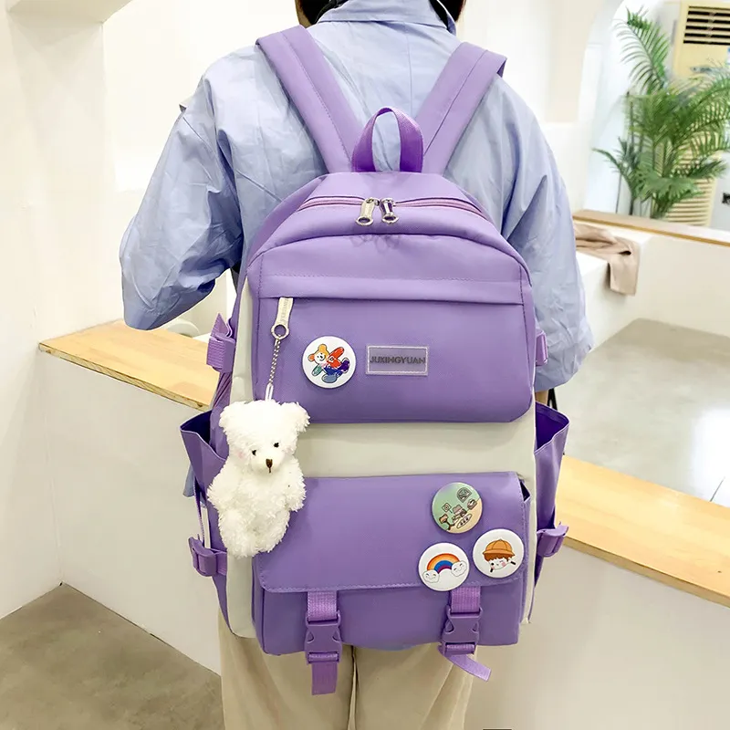 4Pcs Kawaii Preppy Backpack Set - Includes Bag, Pencil Case, Tote & Crossbody, Purple Japanese Style