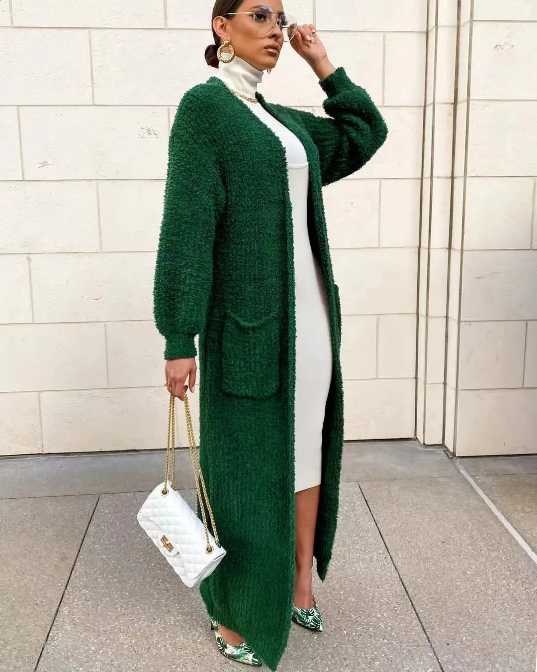 Green Velvet Long Cardigan Sweater Dress: Autumn/Winter Maxi