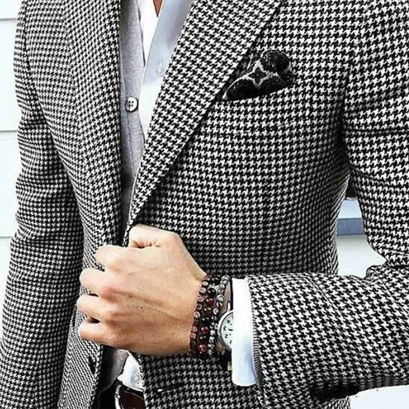 Italian Style Mens Houndstooth Blazer Notched Lapel Wedding Coat for Prom Party Vintage Check Suit Jacket 2024