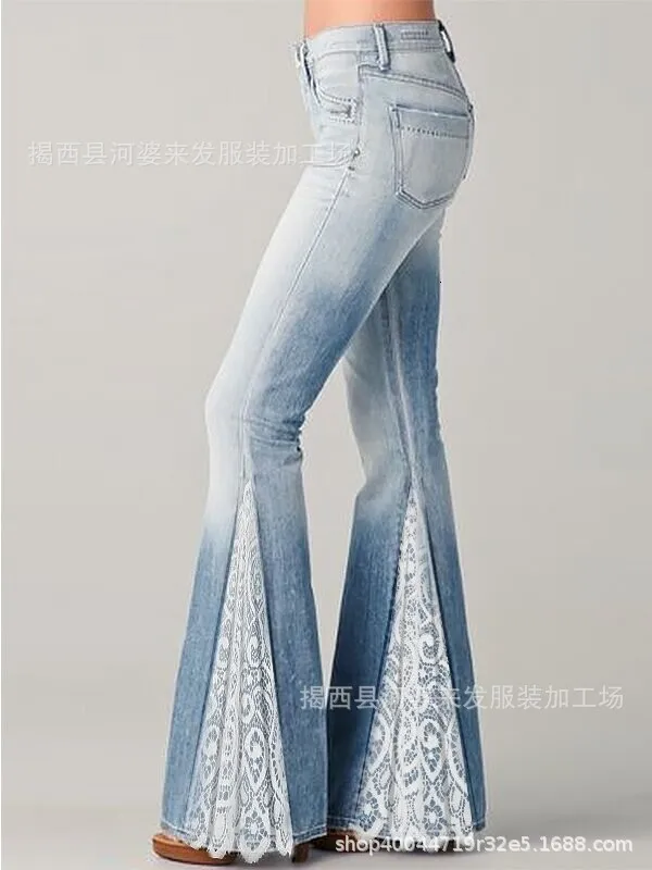 DHgate.com:Womens 2024 Gradient Lace Patchwork Flared Denim