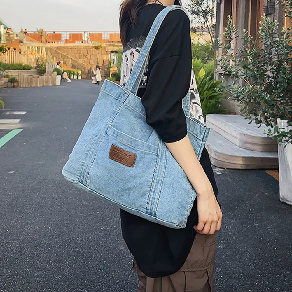 Travel Old Denim Bags Retro Denim Tote Bag: Large Capacity Jeans