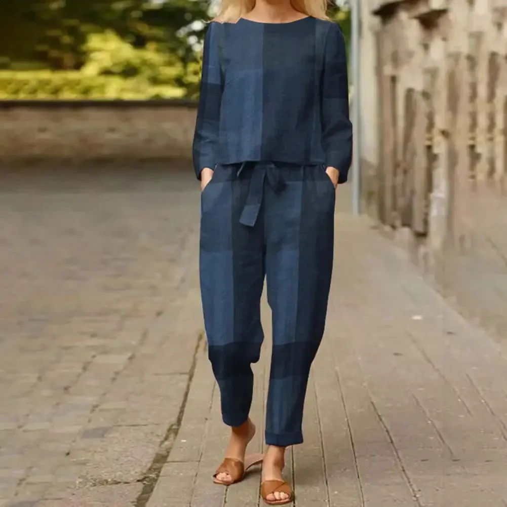 Vintage Long Sleeve Tracksuit Sets Women Autumn Casual Loose Plaid