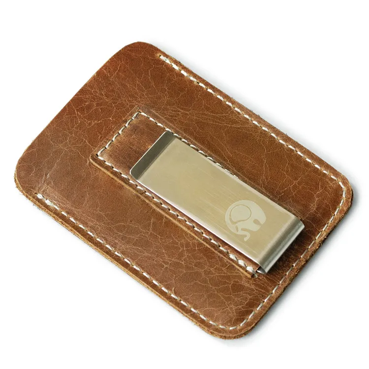 Genuine Cow Leather Money Clip Wallet Card Holder Slim Metal Cash