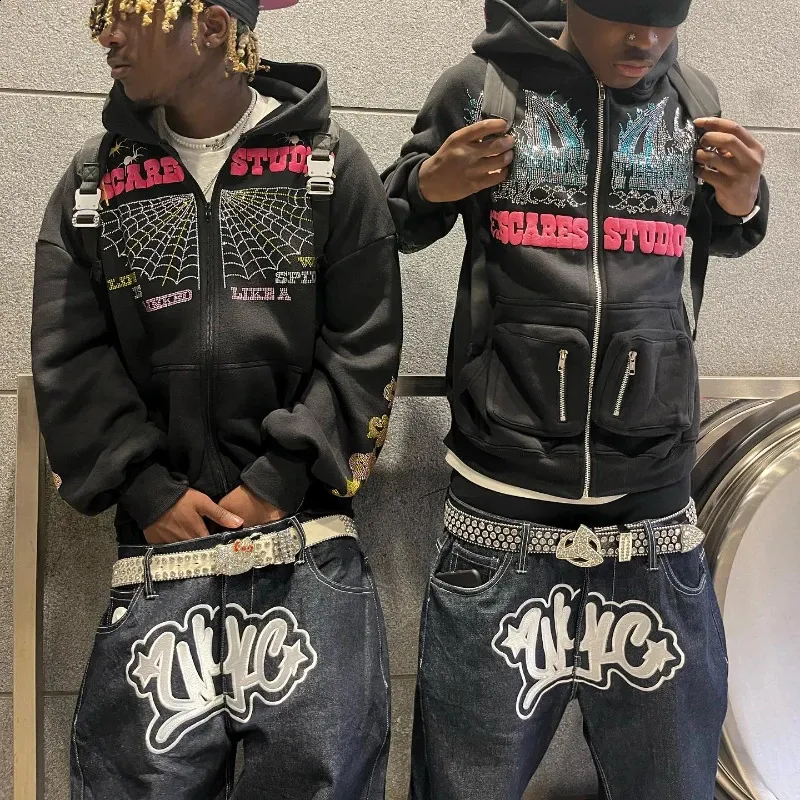 Black Harajuku Wide Leg Jeans for Men - Y2K Streetwear