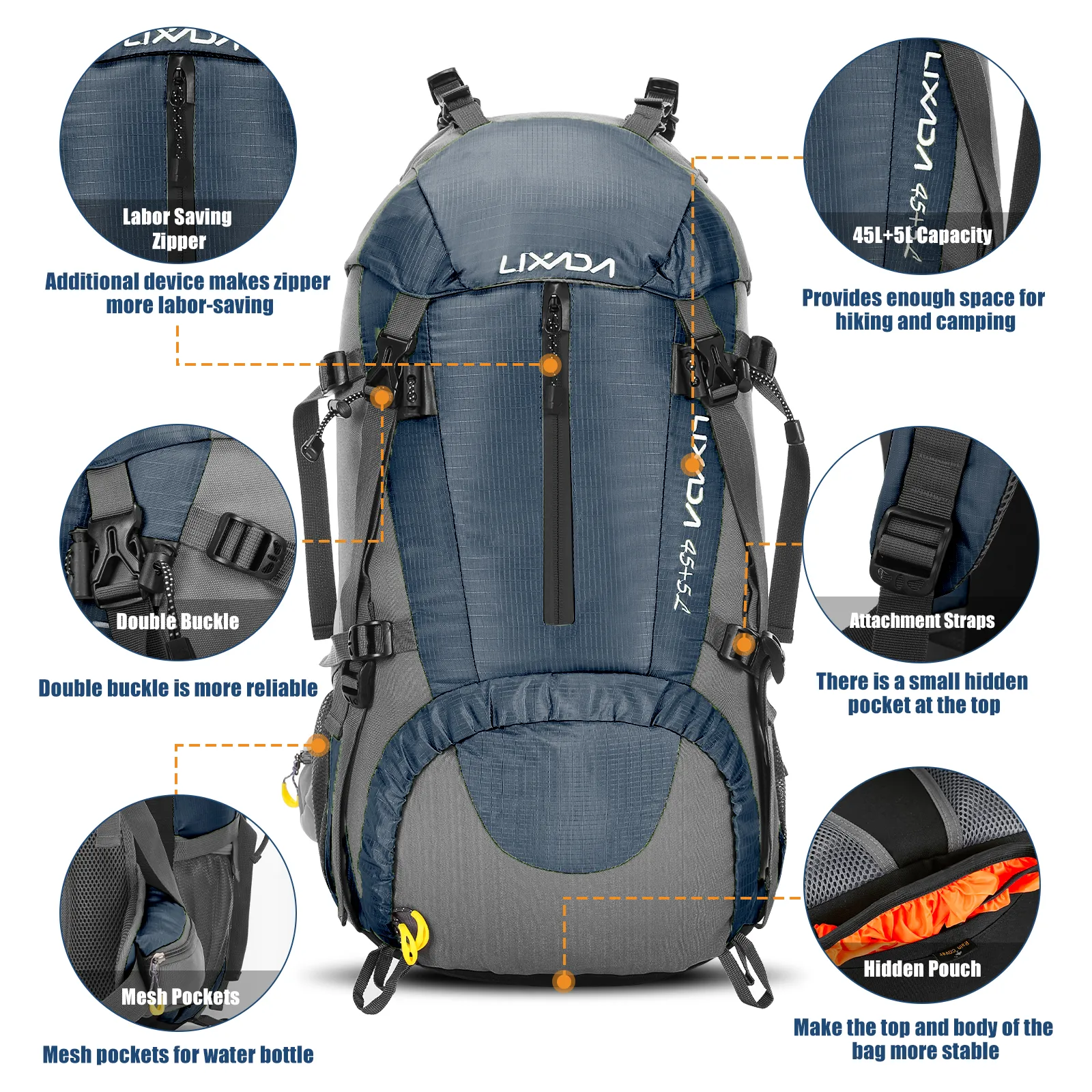 50L Waterproof Hiking Rucksack Travel Bag with Rain Cover - Large ...