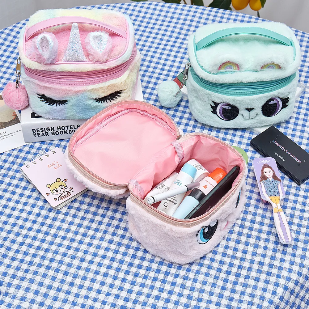 Cartoon Plush Makeup Bag: Big-Eyed Girls' Unicorn Storage Pouch