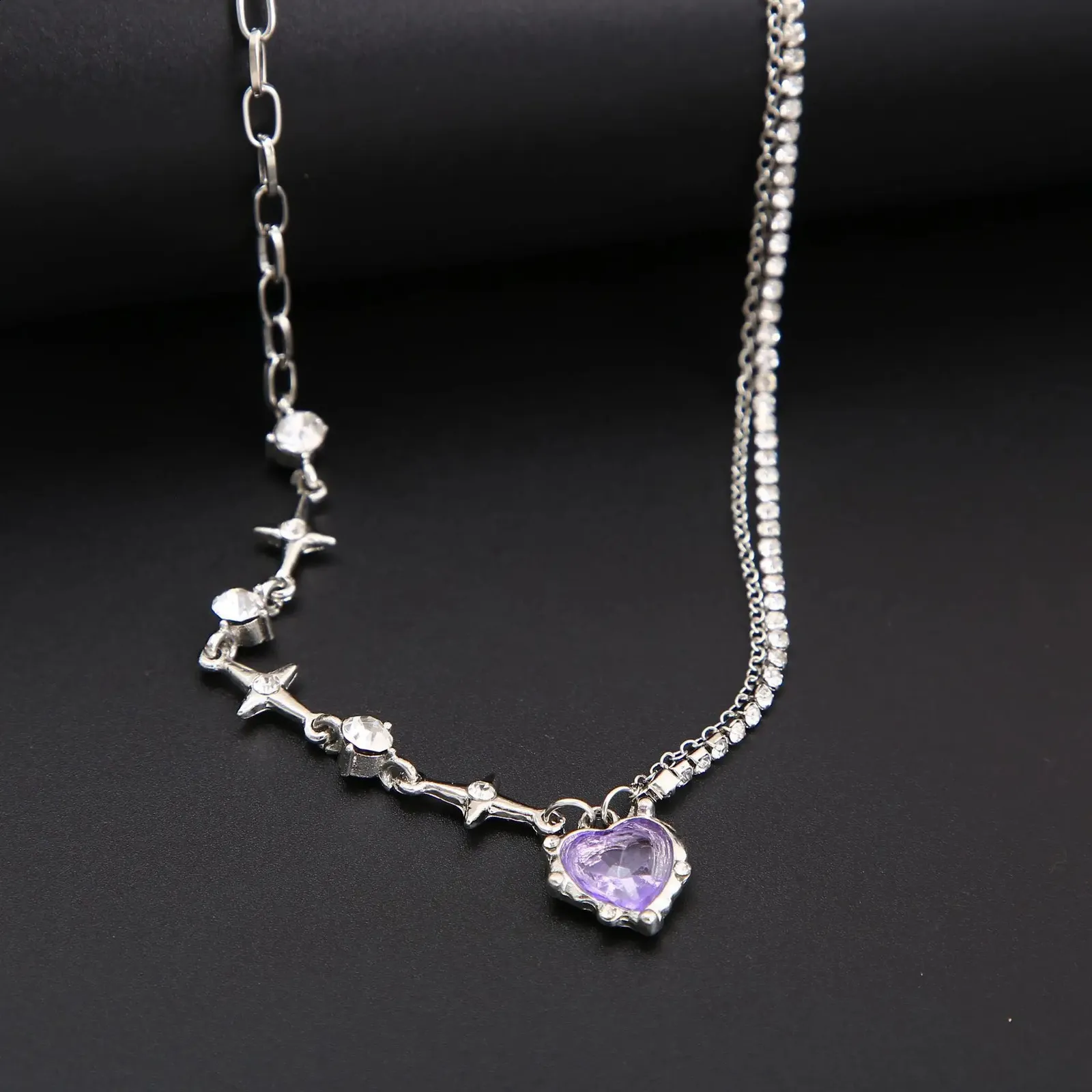 Y2K Purple Crystal Heart Pendant Necklace Punk From Kua05