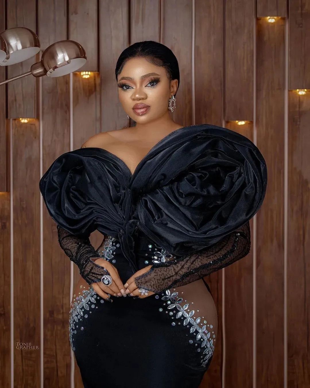 Black Mermaid Black beaded prom dress with Crystals and Ruffled Skirt - Perfect for Formal Parties, Receptions, Birthdays, and Evening Events