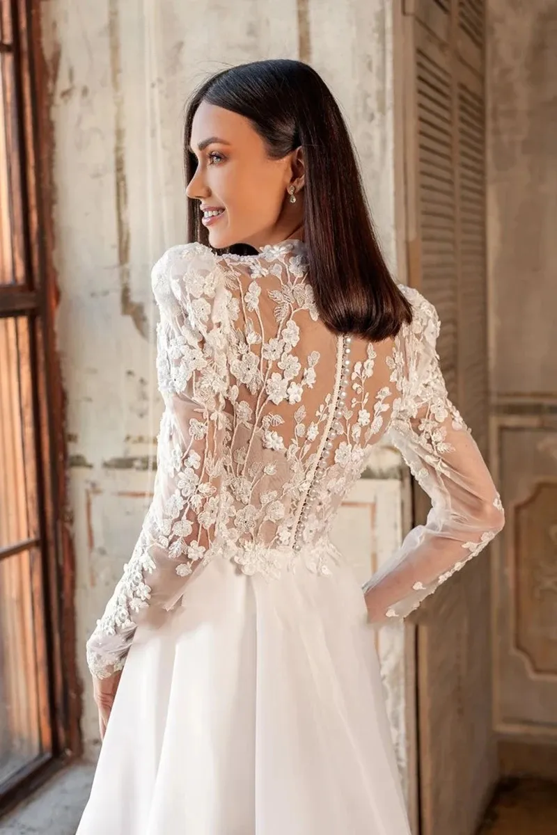 Illusion Bodice High Neck Tulle Wedding Dress with Thigh-High Slits and  Sweep Train Long Sleeve Bridal Gown from Dhgate A-Line Wedding Dresses -  price 233.17