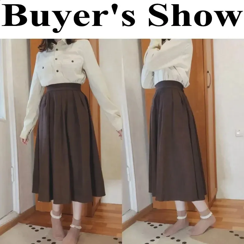 Corduroy Pleated High-Waist Long Skirt: Korean Style Autumn