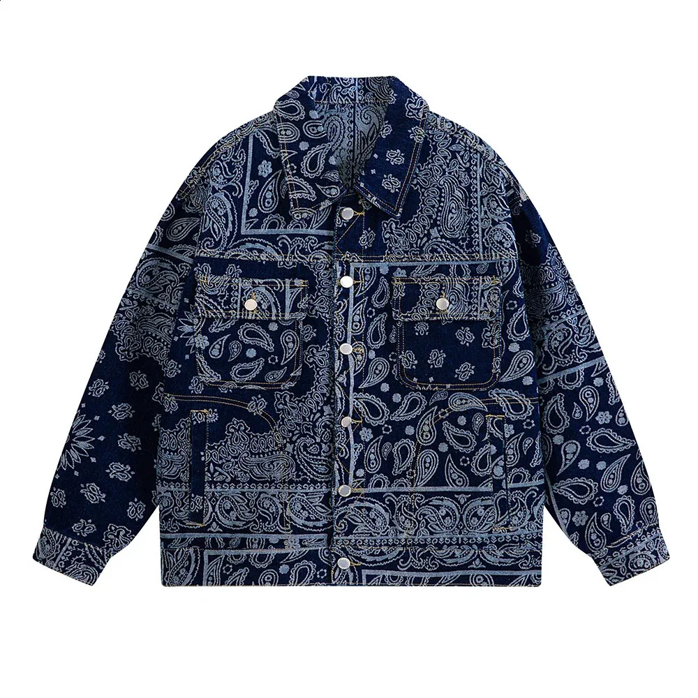 Mens Paisley Jacquard Denim Jacket - Black & Blue - Loose