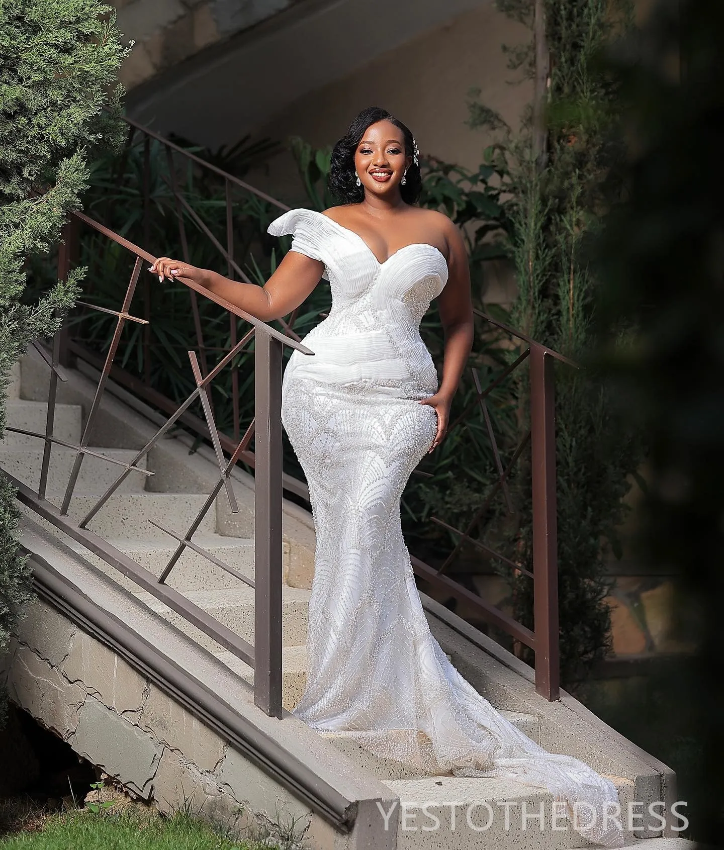 open lace back dress Plus Size Off One Shoulder Wedding Dress with Long Sleeves main image 1