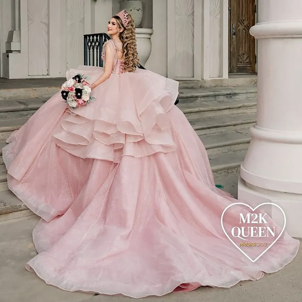 Strapless Short Sleeves Appliques Ruffles Bow Knot Gold Sweet 15 Quinceañera Dress WQ1632