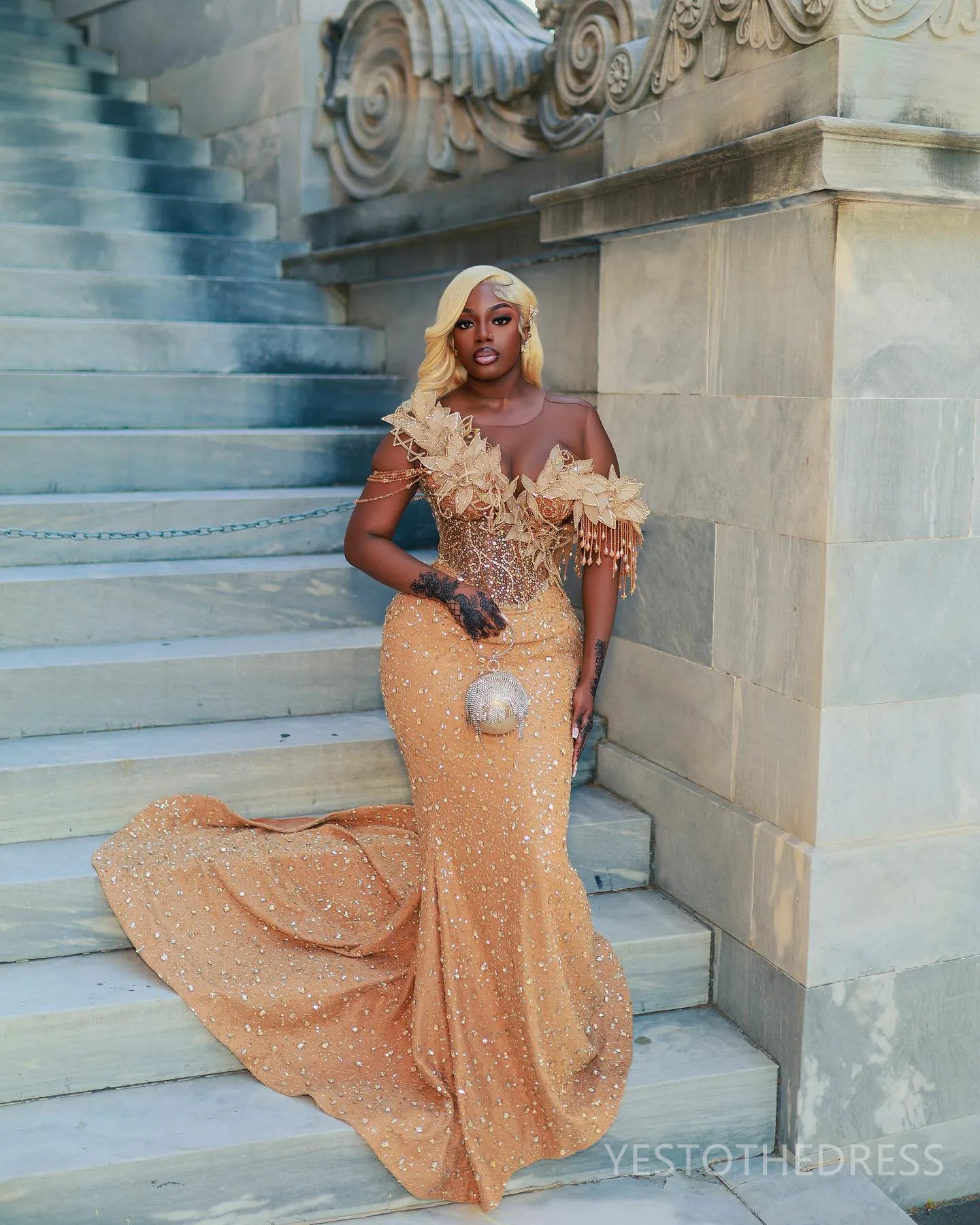 green emerald velvet dress Myla Stunning Gold Tiered Ruffles Corset Sheer Prom Dress Pink / 20 main image 1