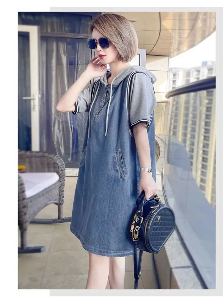 Denim Hoodie Dress Ladies Long Denim Dress, Patchwork Jean Skirt
