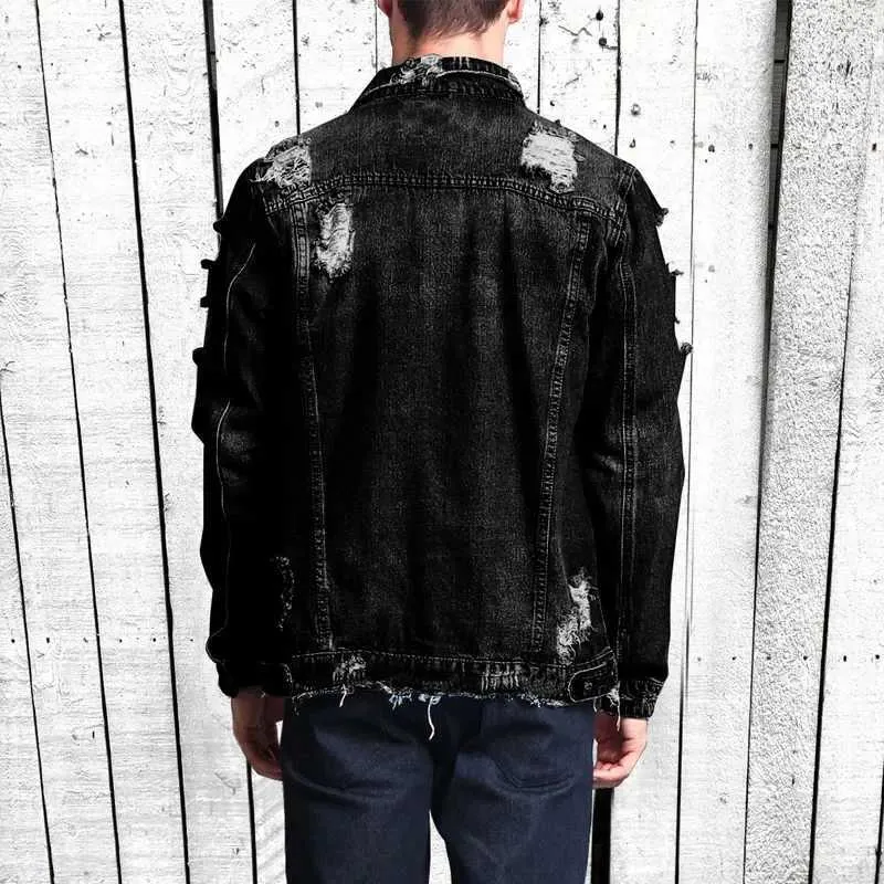 Vintage Ripped Denim jeans jacket for men for Men Street Fashion Hip hop Skateboarding Fall Winter Worn Torn Design Z240806