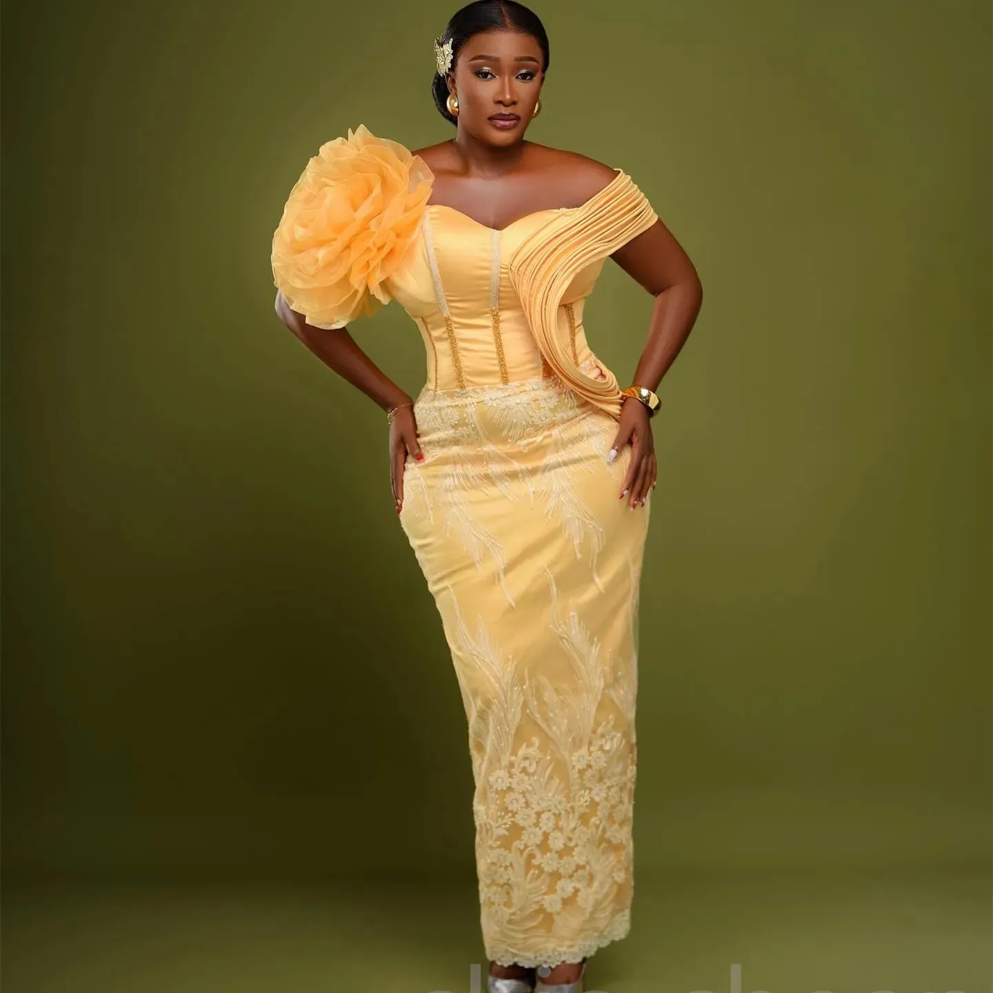 Dubai Yellow Off Shoulder Floral Side Slit Long Evening Dress