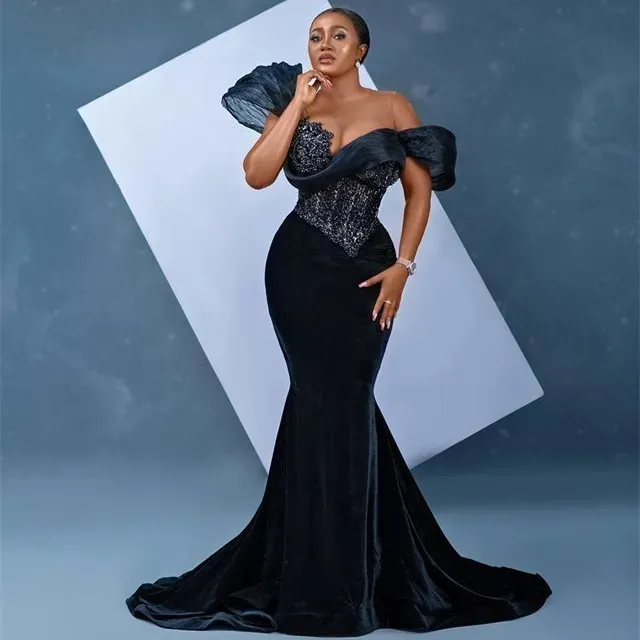 Save Big on Bulk Aso Ebi Gown Black Aso Ebi Mermaid Off The Shoulder Velvet  Prom Dresses Formal Party Second Reception Birthday Engagement Evening