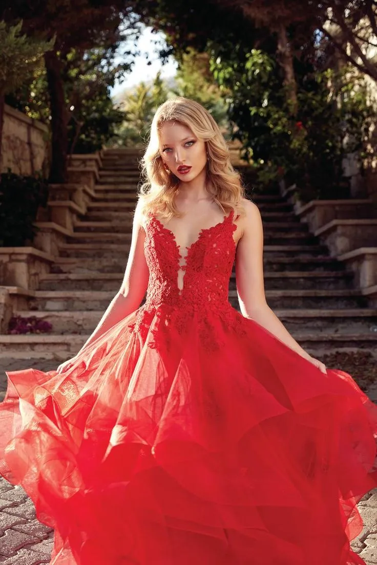 chinese dress ladies Red Lace Maxi Dress with Ruffle Detail