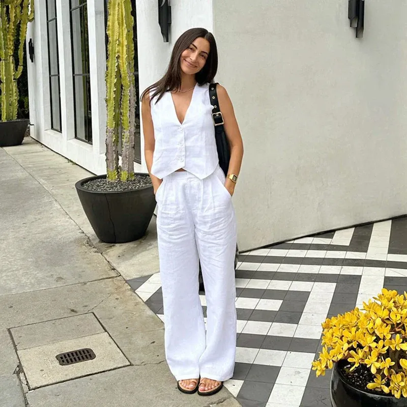gilet ensemble pantalon haut femme Solid Cotton Linen Vest Pant Sets Sleeveless Button V Neck