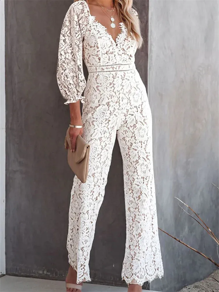CHRONSTYLE Elegant Women Lace Wide Leg Pants Jumpsuits Solid Color