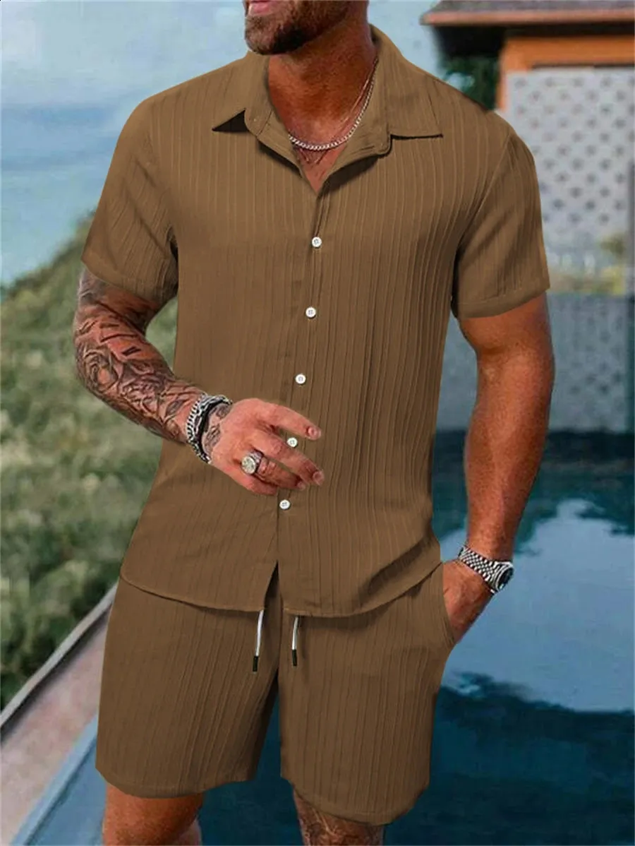 Men's Summer 2-Piece Set – Short Sleeve Button Down Shirt & Drawstring Shorts Outfit (Burgundy)