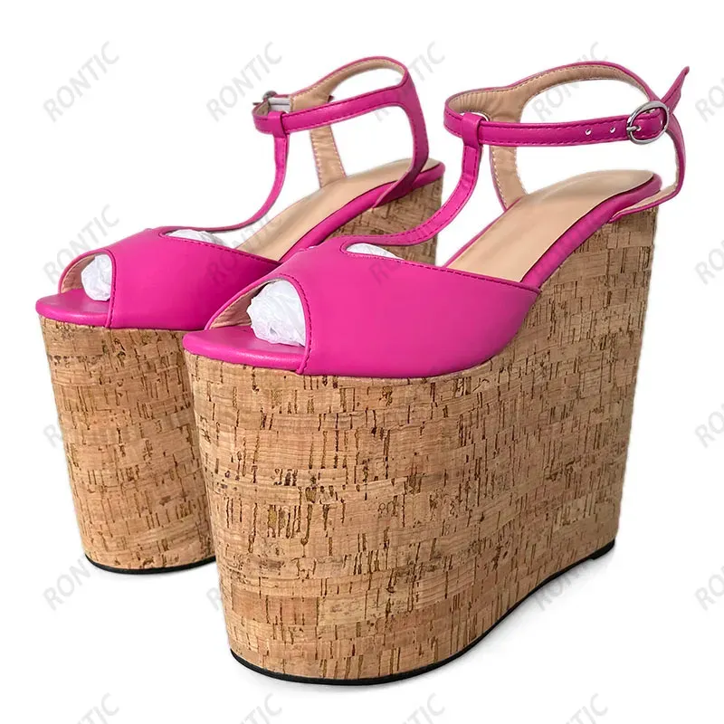 Handmade Women Summer Platform Sandals Wedges High Heels Peep Toe Gorgeous Fuchsia Catwalk Shoes Ladies US Plus Size 4 15