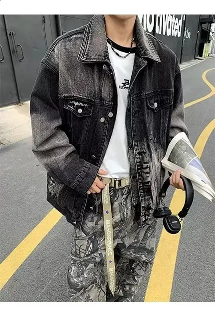 Mens Black Denim Jacket - Casual Jean Coat, Korean