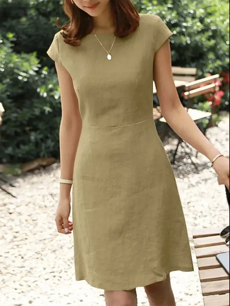Trendy Spring Cotton Linen Women's Dress - O-Neck, Short Sleeves, A-Line, Loose Fit - Casual & Fashionable Clothes for Ladies (240810)