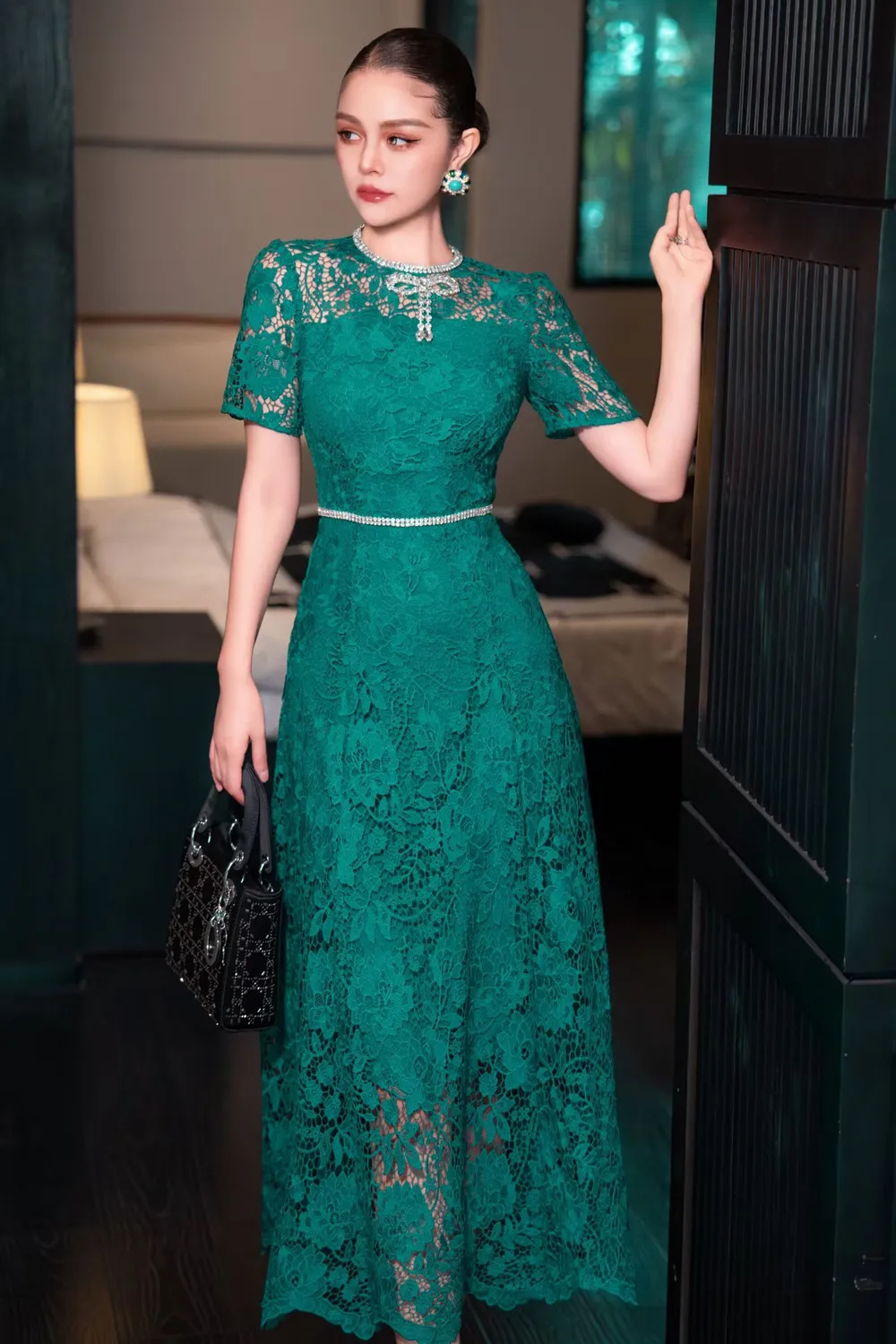 Green Beaded Bow Lace Designer Lace Party Dress Short Sleeves Slim Fit Autumn Winter Collection 2024 From Michellayao123 111.56 DHgate.Com